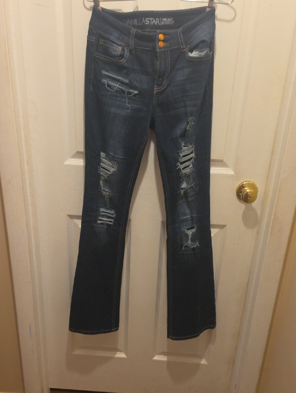 Vanilla Star Patched⁹ Distressed Dark Wash Boot Cut Jeans